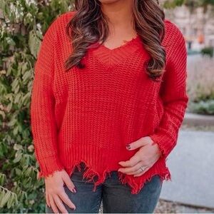 Main Strip Distressed V-Neck Sweater in Red